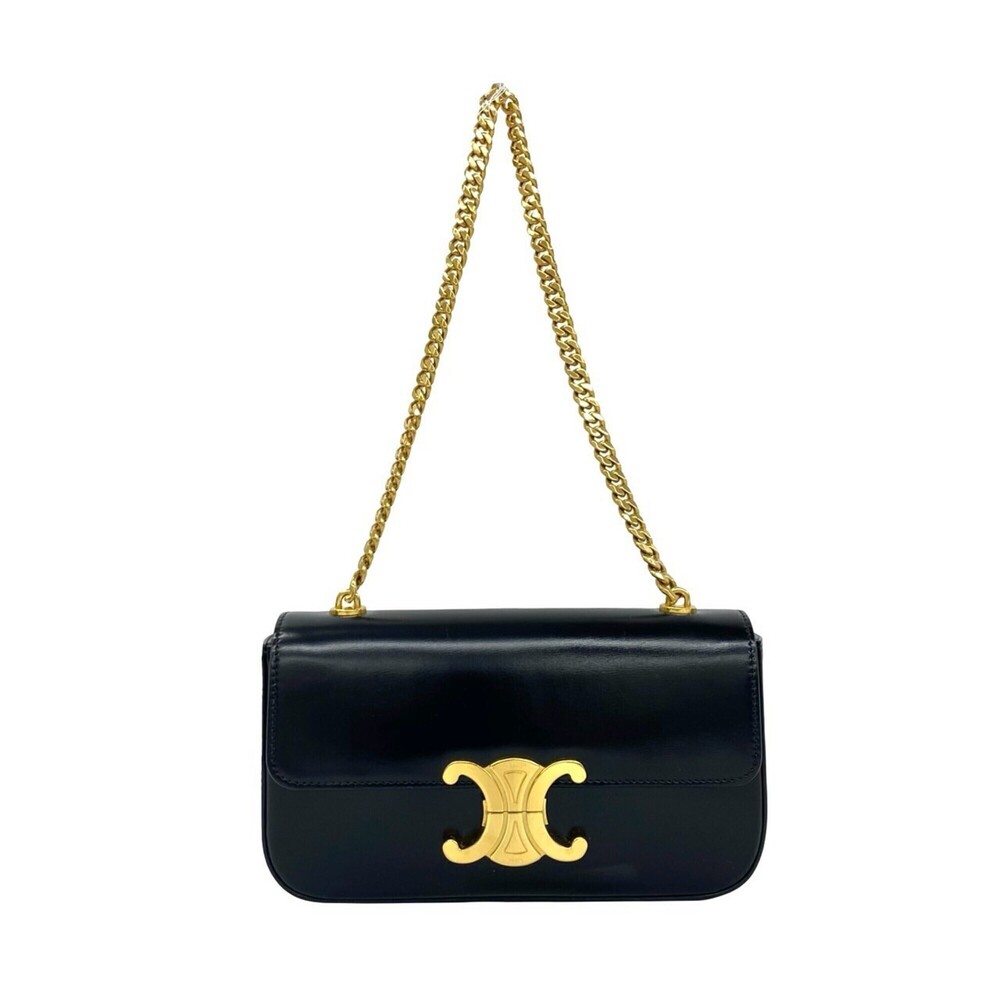 CELINE Claude Triomphe Logo Hardware Leather Chain Mini Semi One Shoulder Bag...